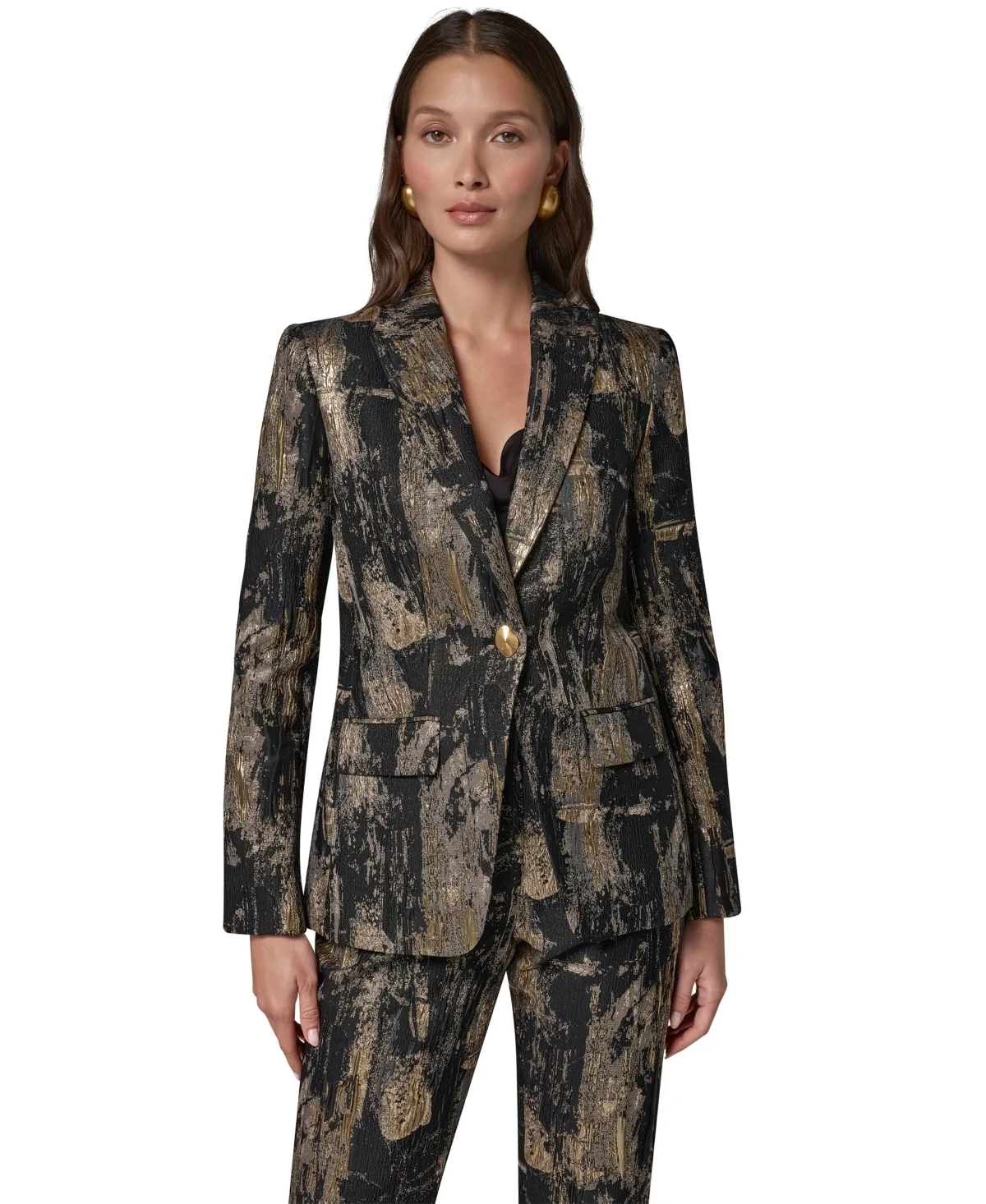 Brushstroke Peak-Lapel Statement Shoulder-Pad Blazer by Donna Karan New York
