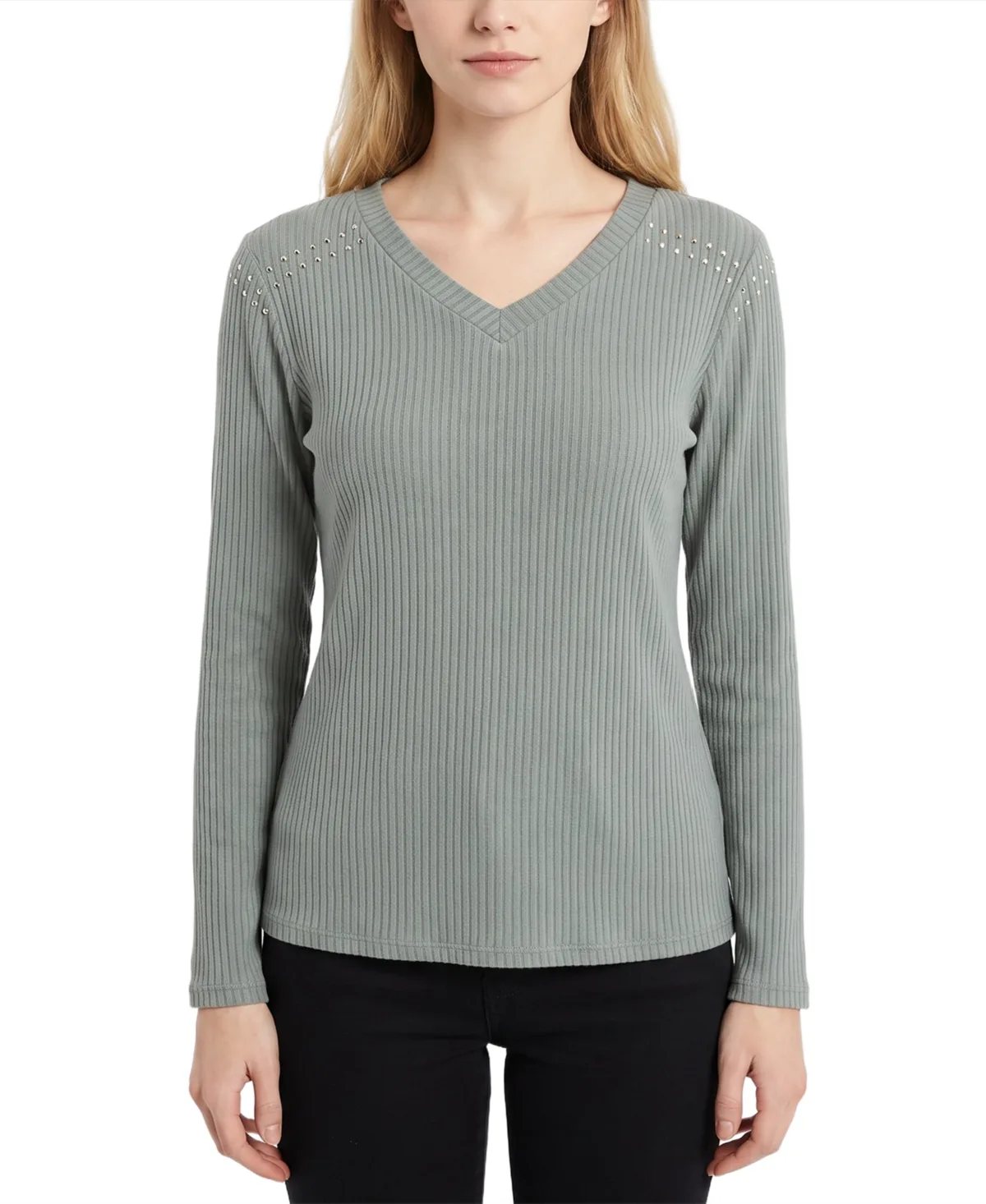 Long-Sleeve Ribbed V-Neck Sweater by Ny Collection
