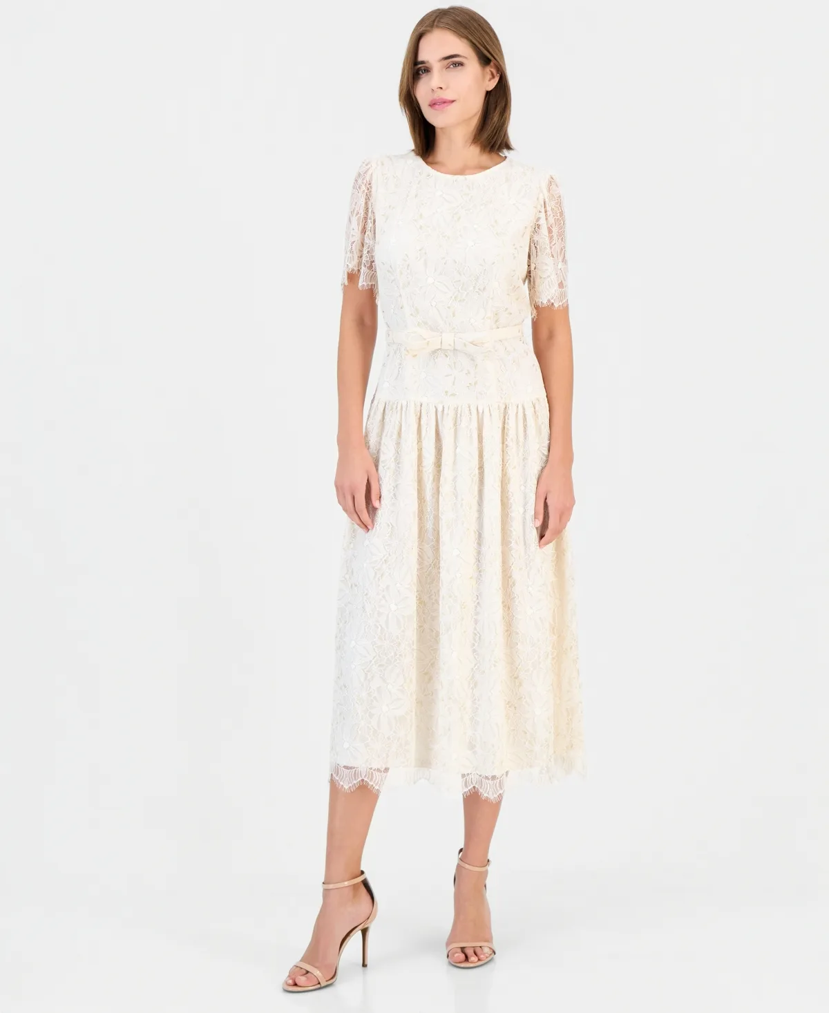 Tiered Short-Sleeve Lace Midi Dress by Anne Klein