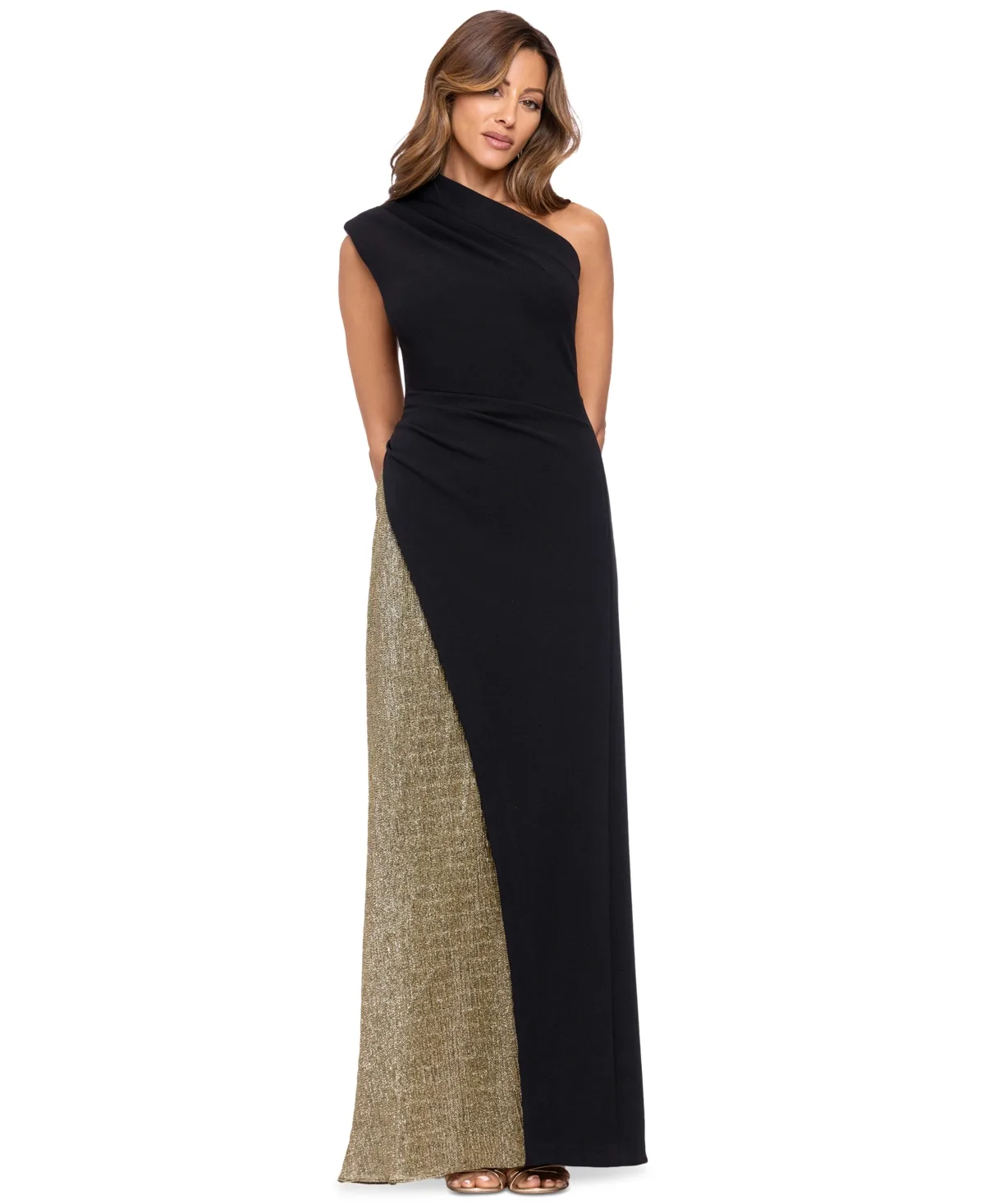 One-Shoulder Metallic Long Gown by Betsy & Adam