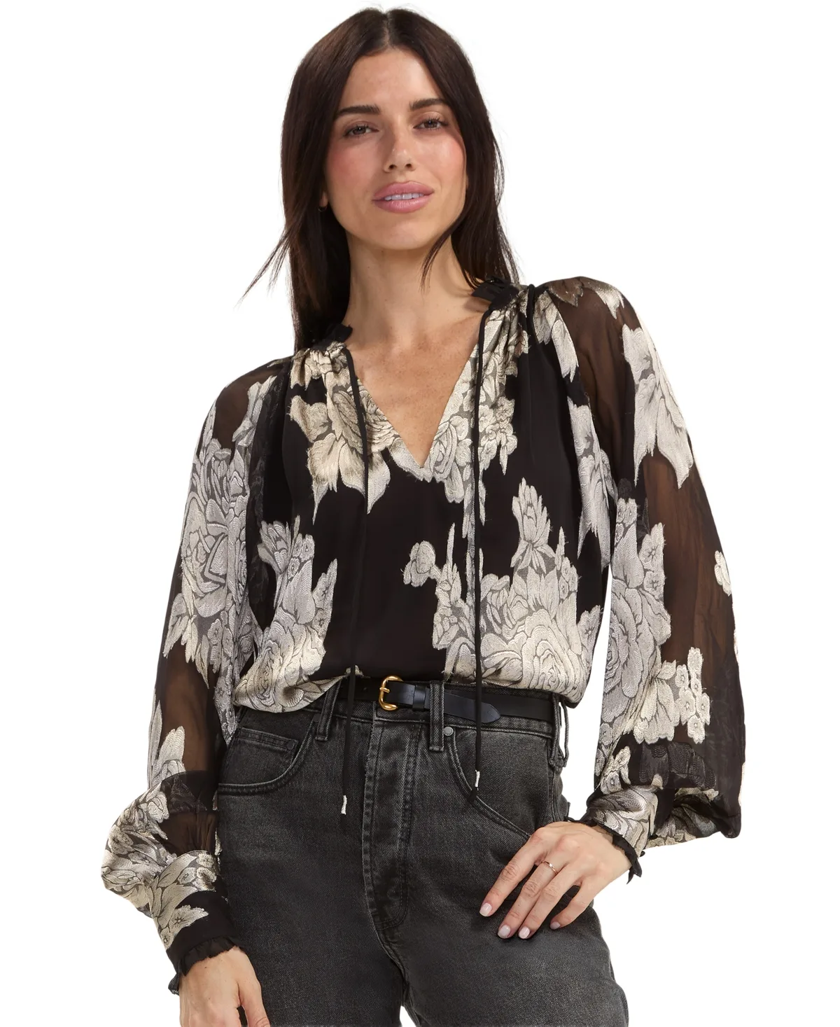Floral-Print Long-Sleeve V-Neck Tie-Front Blouse by Liverpool Los Angeles