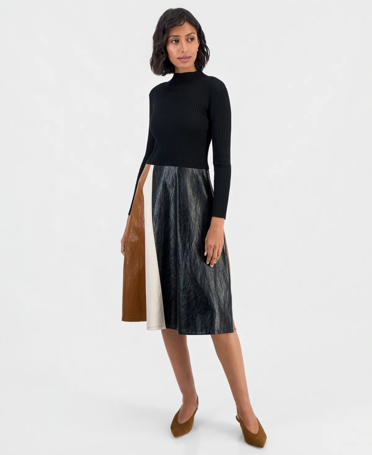 Long Sleeve Mockneck A-Line Midi Dress by Robbie Bee