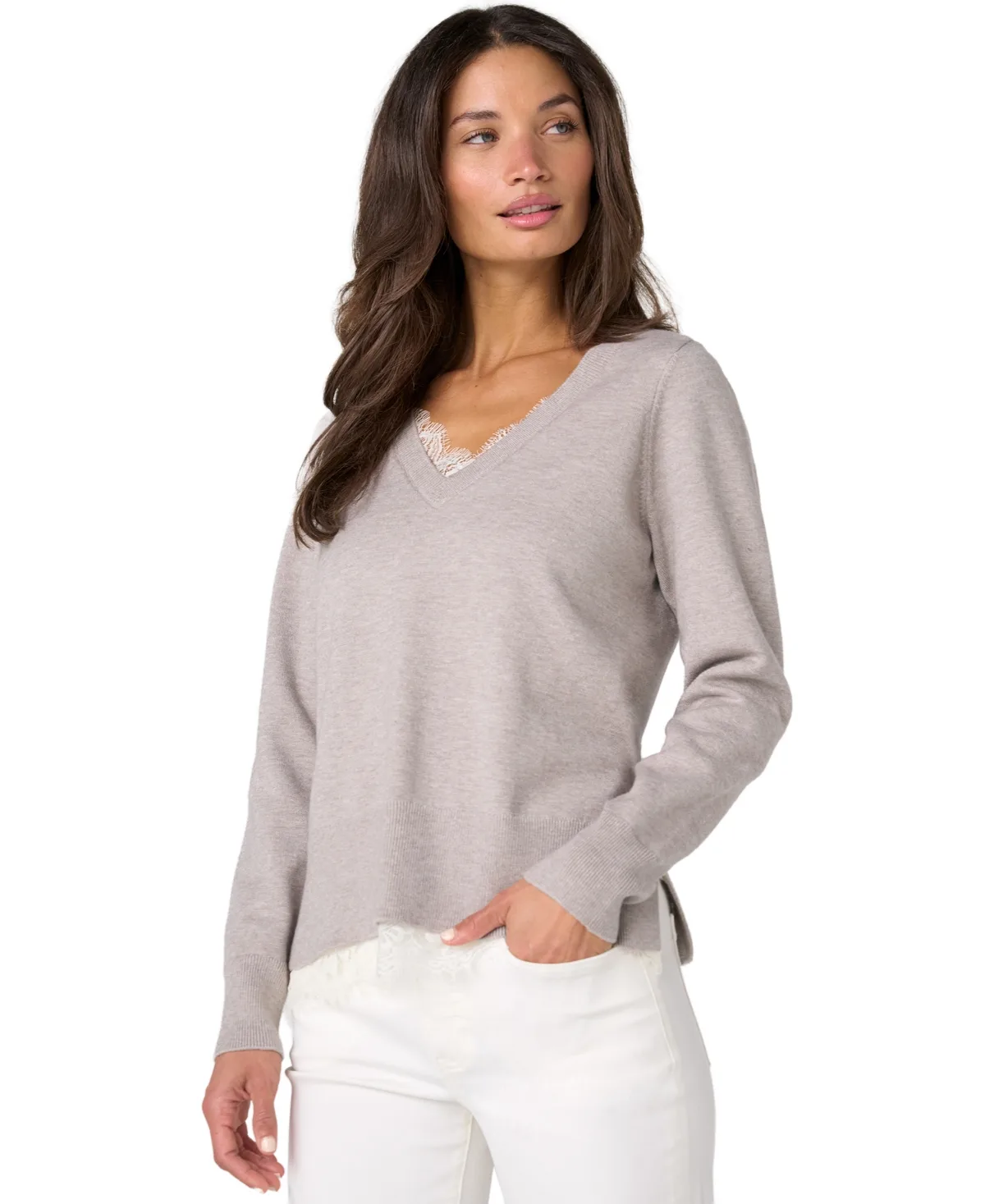 V-Neck Long-Sleeve Lace Trim Sweater by Liverpool Los Angeles