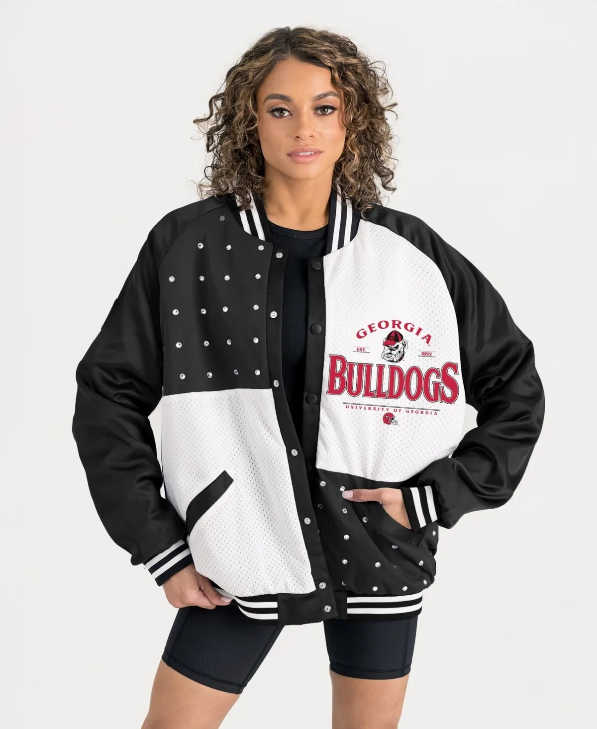 Georgia Bulldogs Inner Drive Varsity Oversized Rhinestone Bomber Jacket by Gameday Couture