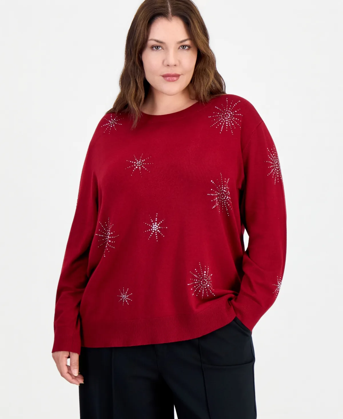 Essentials Crewneck Long-Sleeve Embellished Sweater by Anne Klein