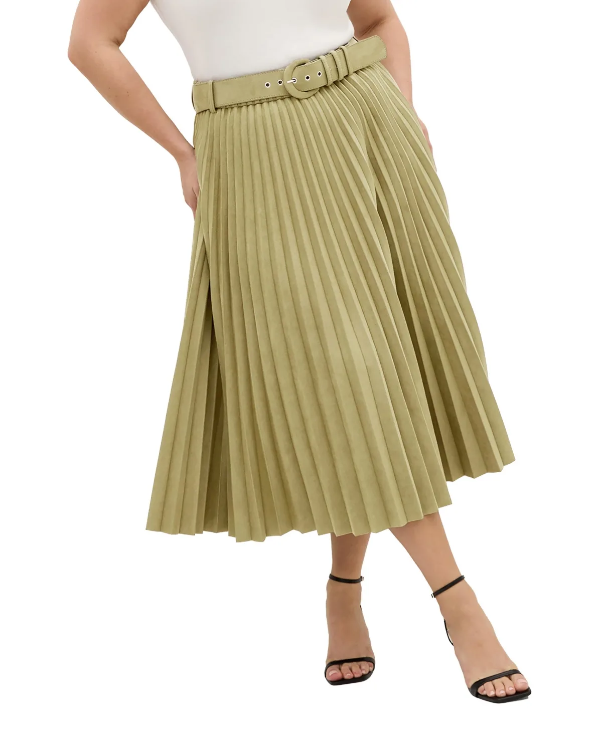 Faux Suede Pleated High-Waisted Midi Skirt by City Chic