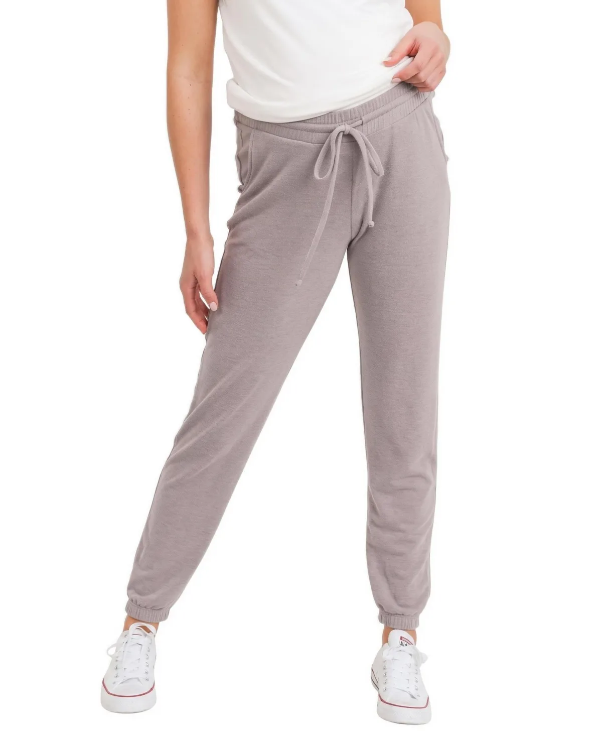 Maternity Two-Tone Brushed-Terry Full-Belly Jogger Pants by Hello Miz