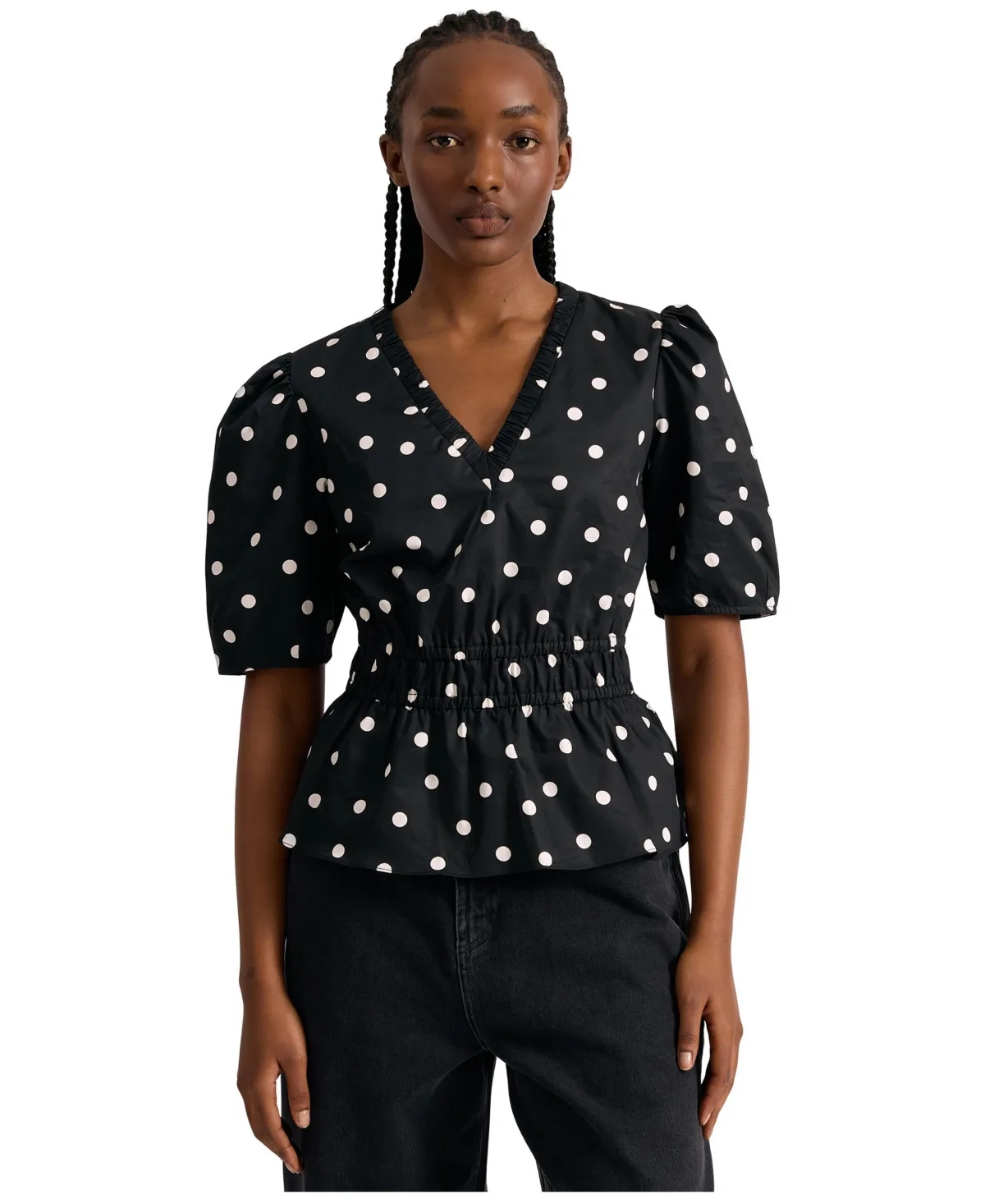 Polka-Dot Short-Sleeve V-Neck Blouse by Albaray