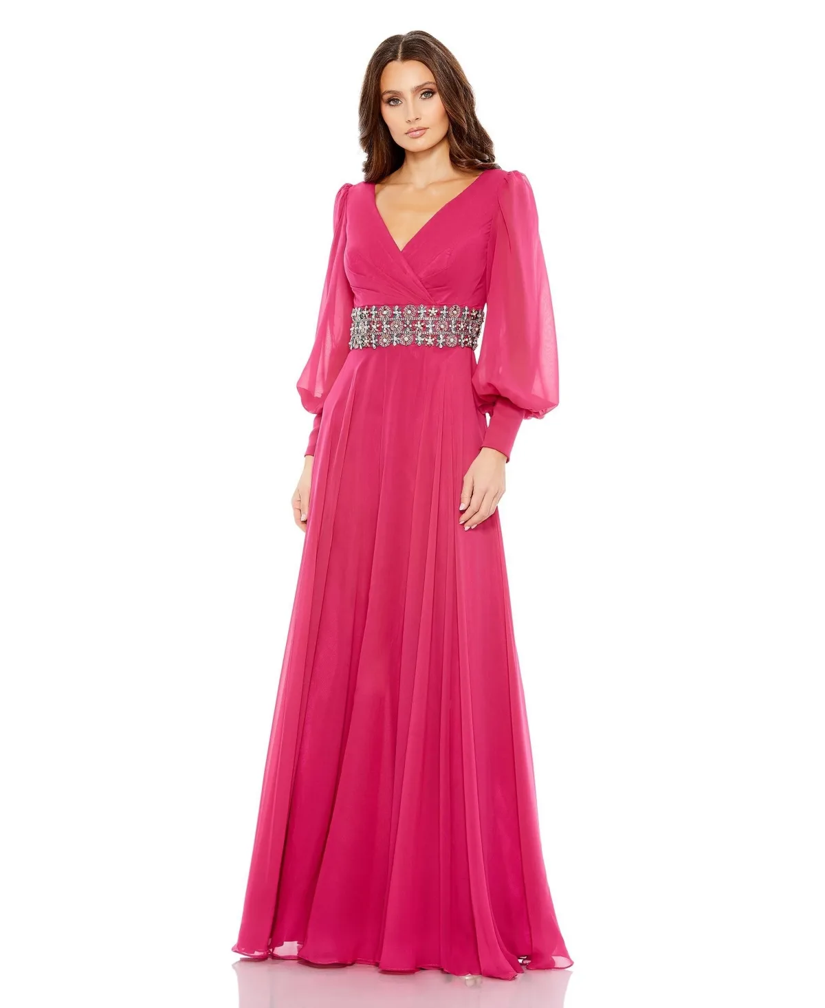 Mac Duggal Bishop Sleeve Wrap Over Belt Detail Flowy Gown by M.A.C.