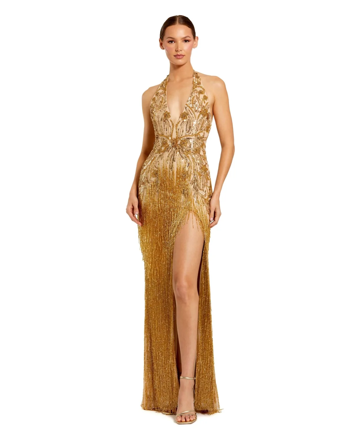 Mac Duggal Embellished Halter Gown with Fringe Slit by M.A.C.