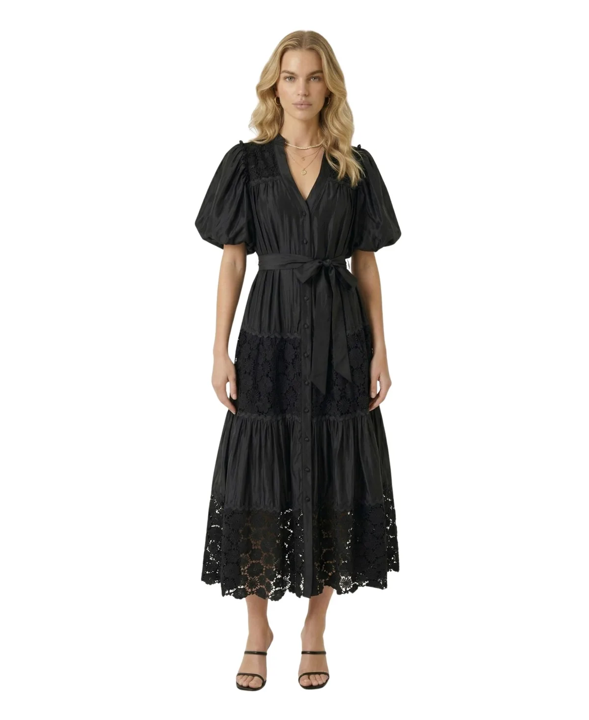 V-Neck Puff-Sleeve Lace-Panel Midi Dress by Modenaire