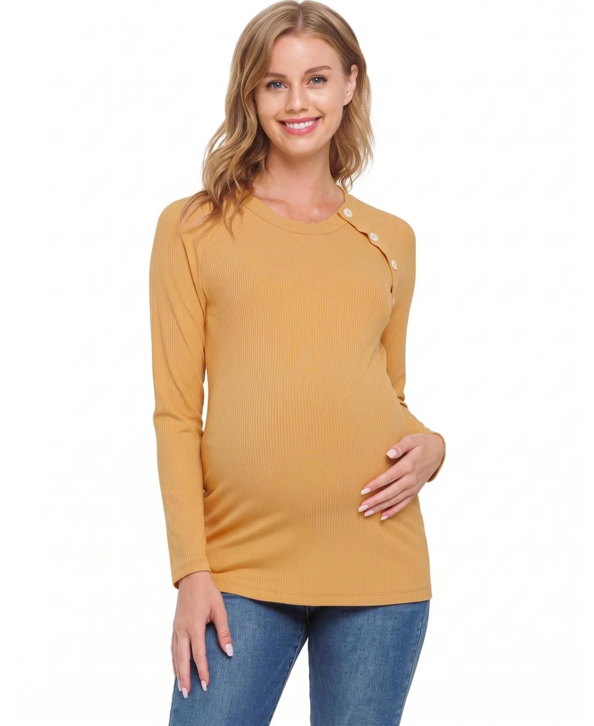 Round-Neck Button-Detail Long-Sleeve Top by Hello Miz