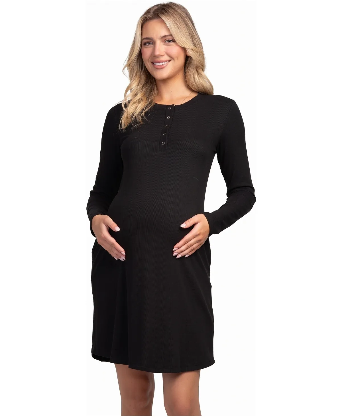 Ribbed Long-Sleeve Nursing Dress with Snap Front Dress by Hello Miz