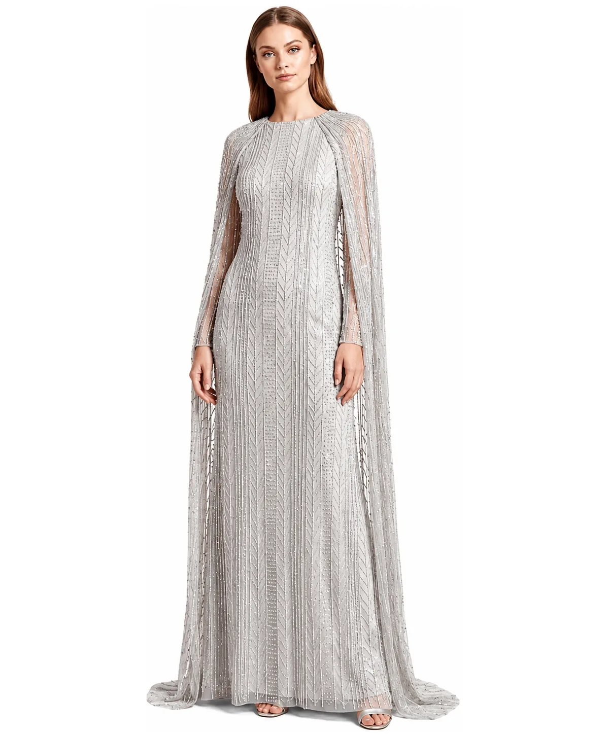 High-Neck Beaded Long-Cape Gown by Lara