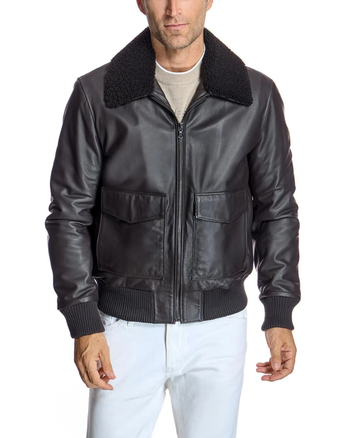 Leather Detachable Shearling Collar Tailored-Fit Bomber Jacket by Julia & Stella by Maximilian
