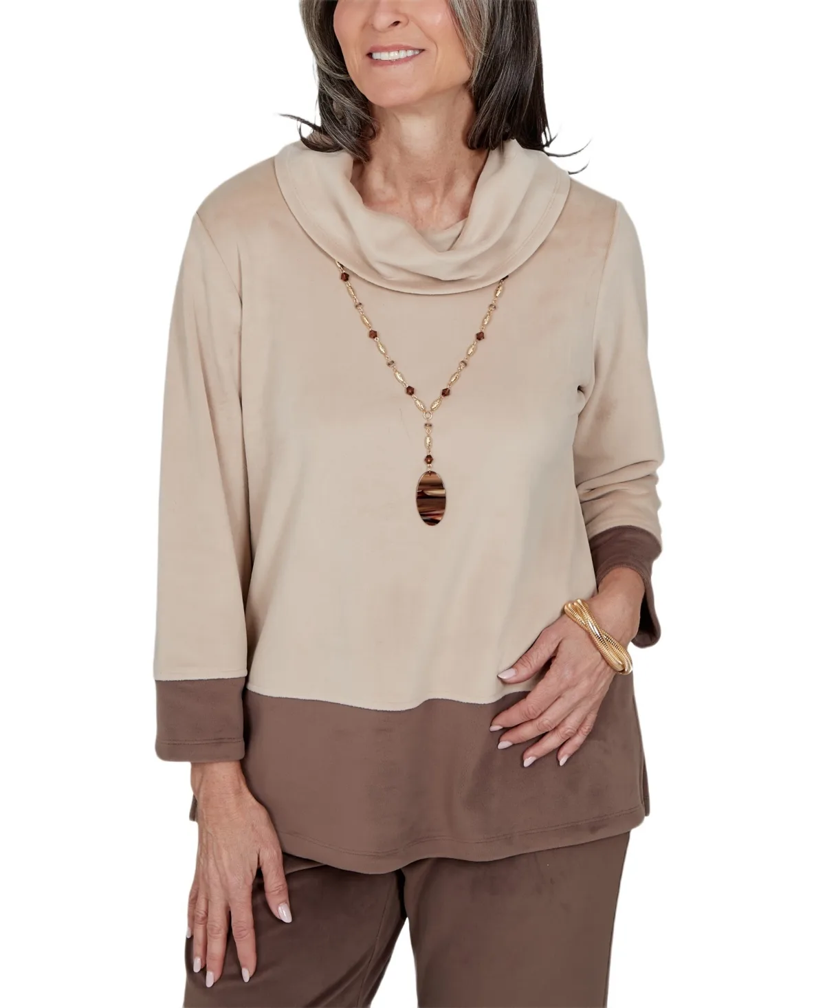 Colorblock Cowl Neck 3/4-Sleeve Faux Suede Tunic Top by Alfred Dunner