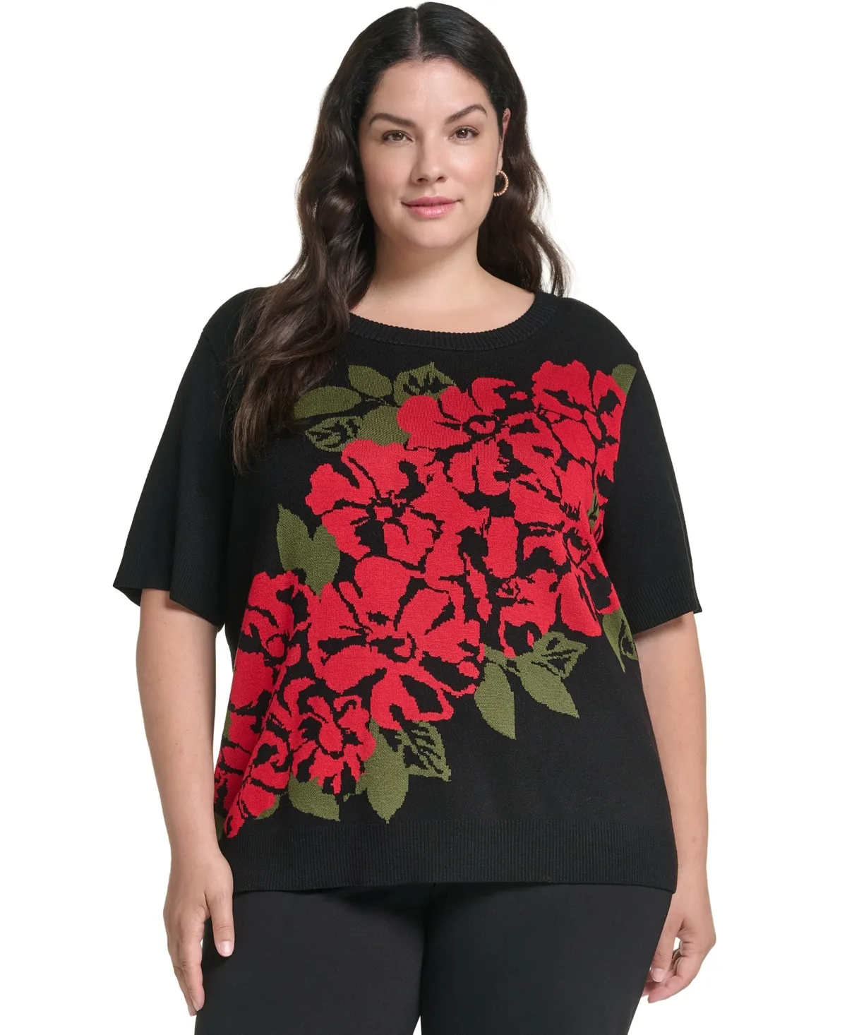 Rose Floral Crewneck Short-Sleeve Sweater