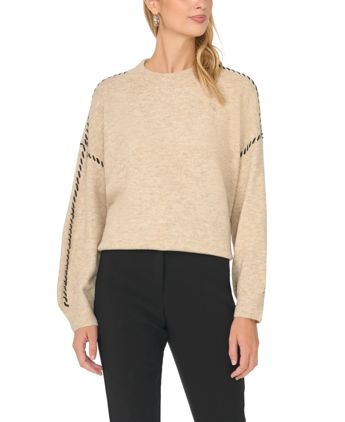 Crewneck with Whipstitch Long Sleeve Loose-Fit Sweater by Vince Camuto