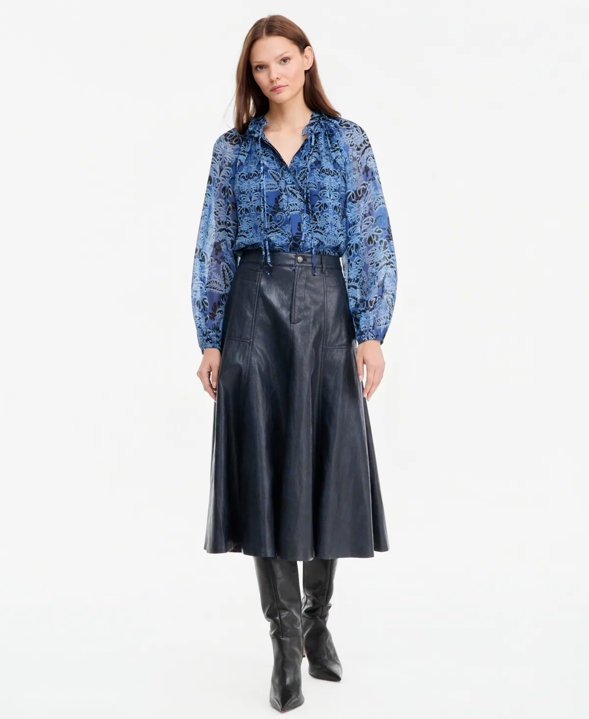 Ellen A-Line High-Waisted Faux Leather Midi Skirt by Kobi Halperin