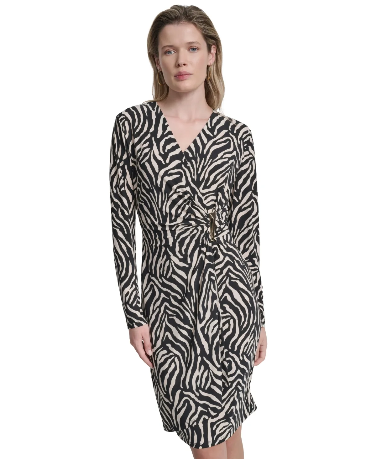 Animal Print Long Sleeve Faux Wrap Dress