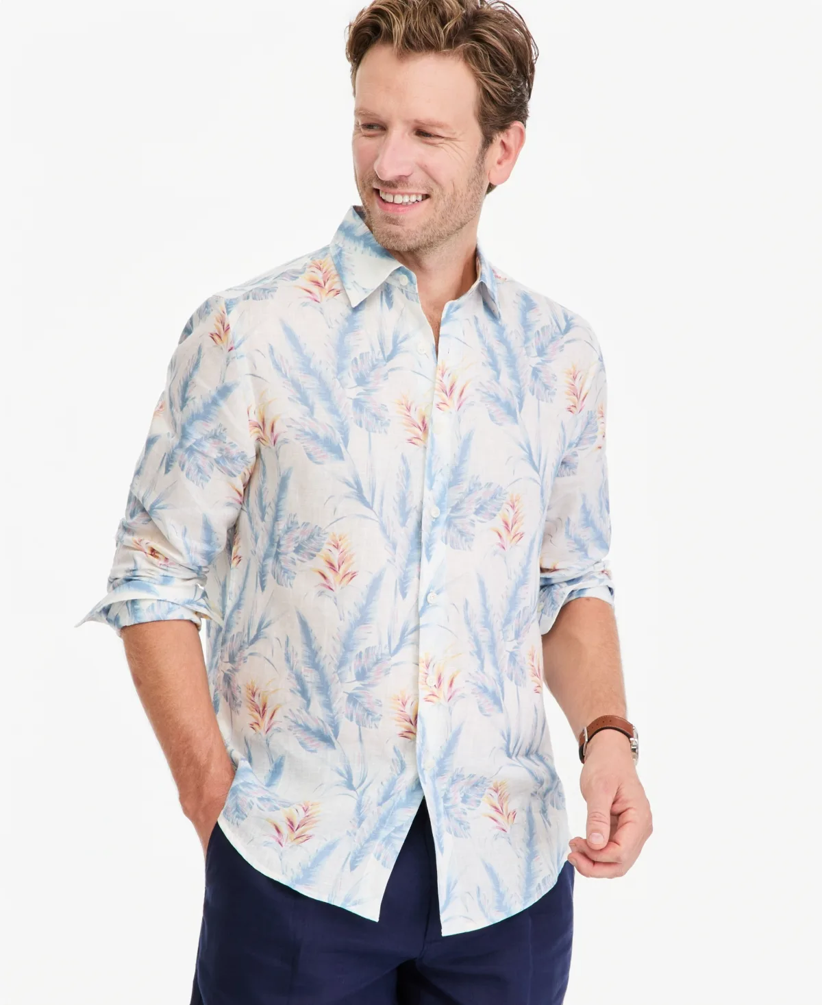 Floral-Print Point Collar Long-Sleeve Linen Shirt by Club Room