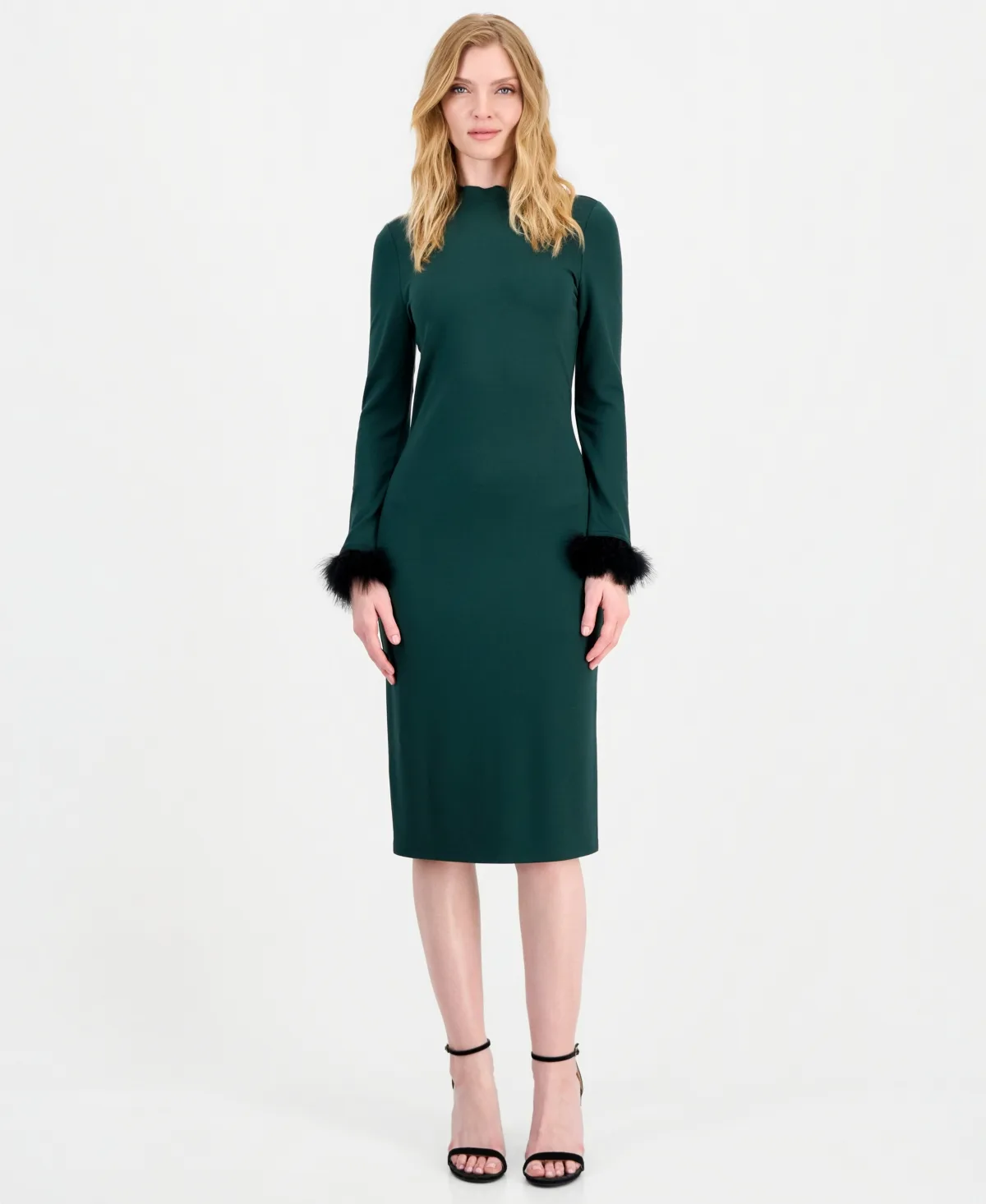 Feather Trim Sheath Long-Sleeve Mock-Neck Midi Dress by Anne Klein