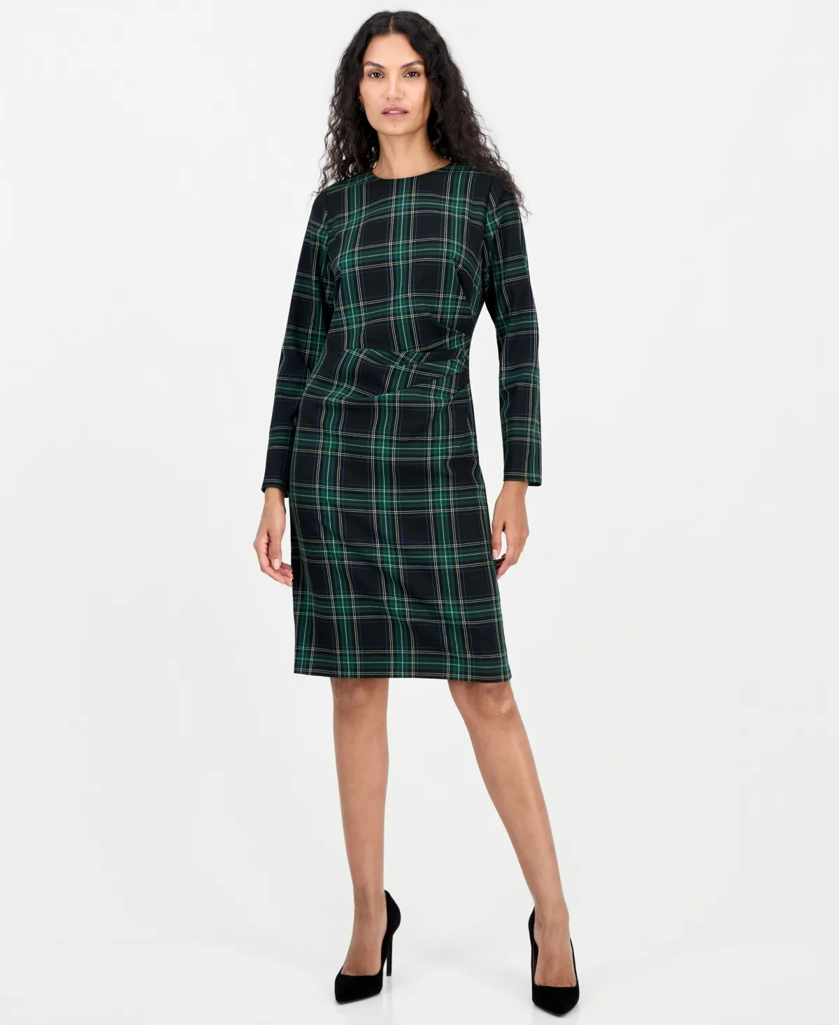 Long-Sleeve Scoop Neck Plaid Dress