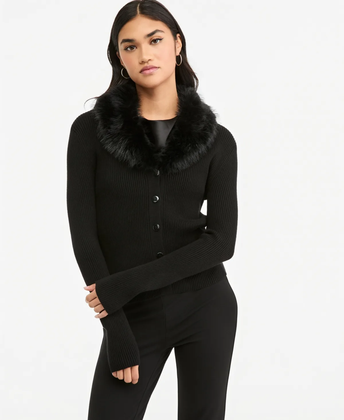 Faux-Fur Collar Ribbed-Knit V-Neck Cardigan