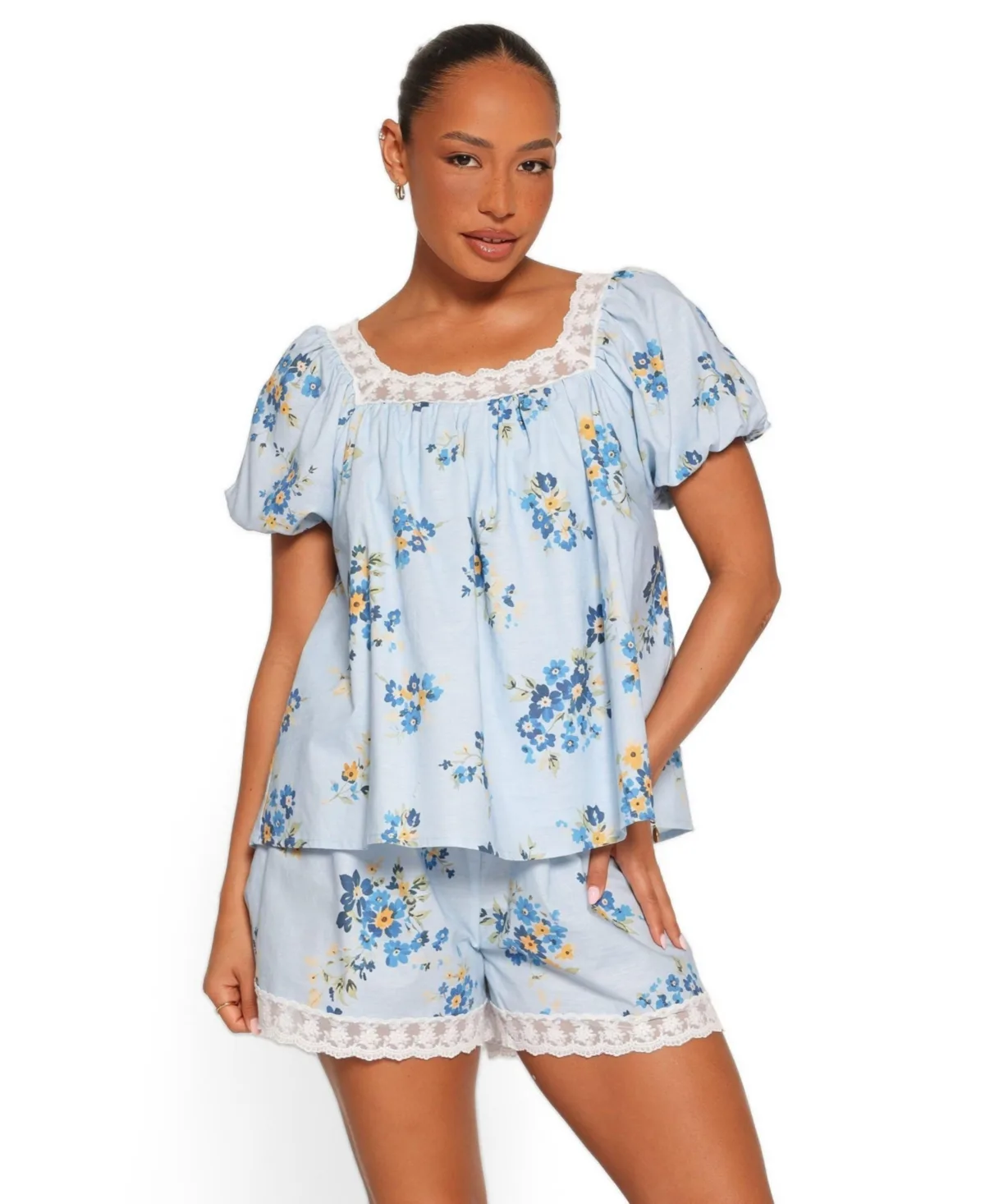 Fawna Square Neckline Puff-Sleeve Top and Shorts, 2-Piece Set by Petal and Pup
