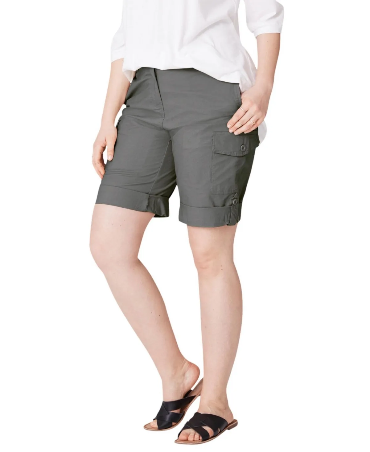 2 in 1 Mid-Rise Stretch Cotton Convertible Cargo Bermuda to Shorts by Ellos