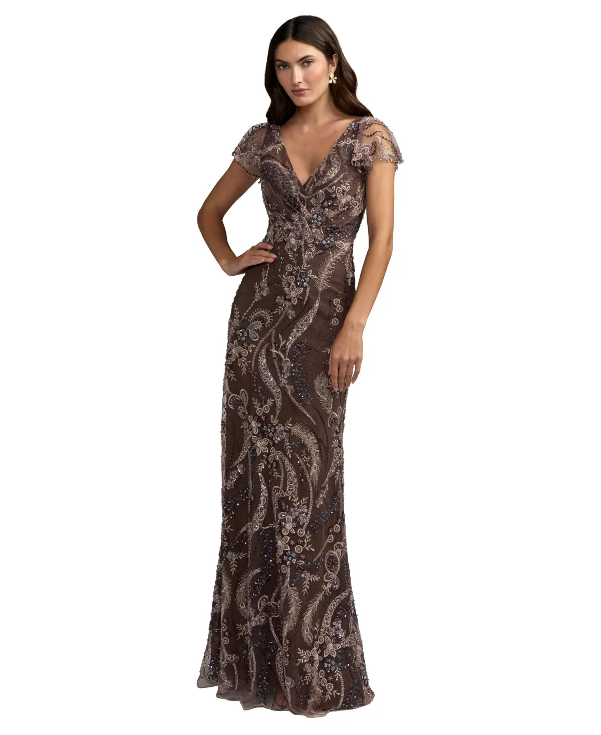 Mac Duggal V Neck Flutter Sleeve Floral Embroidered Gown