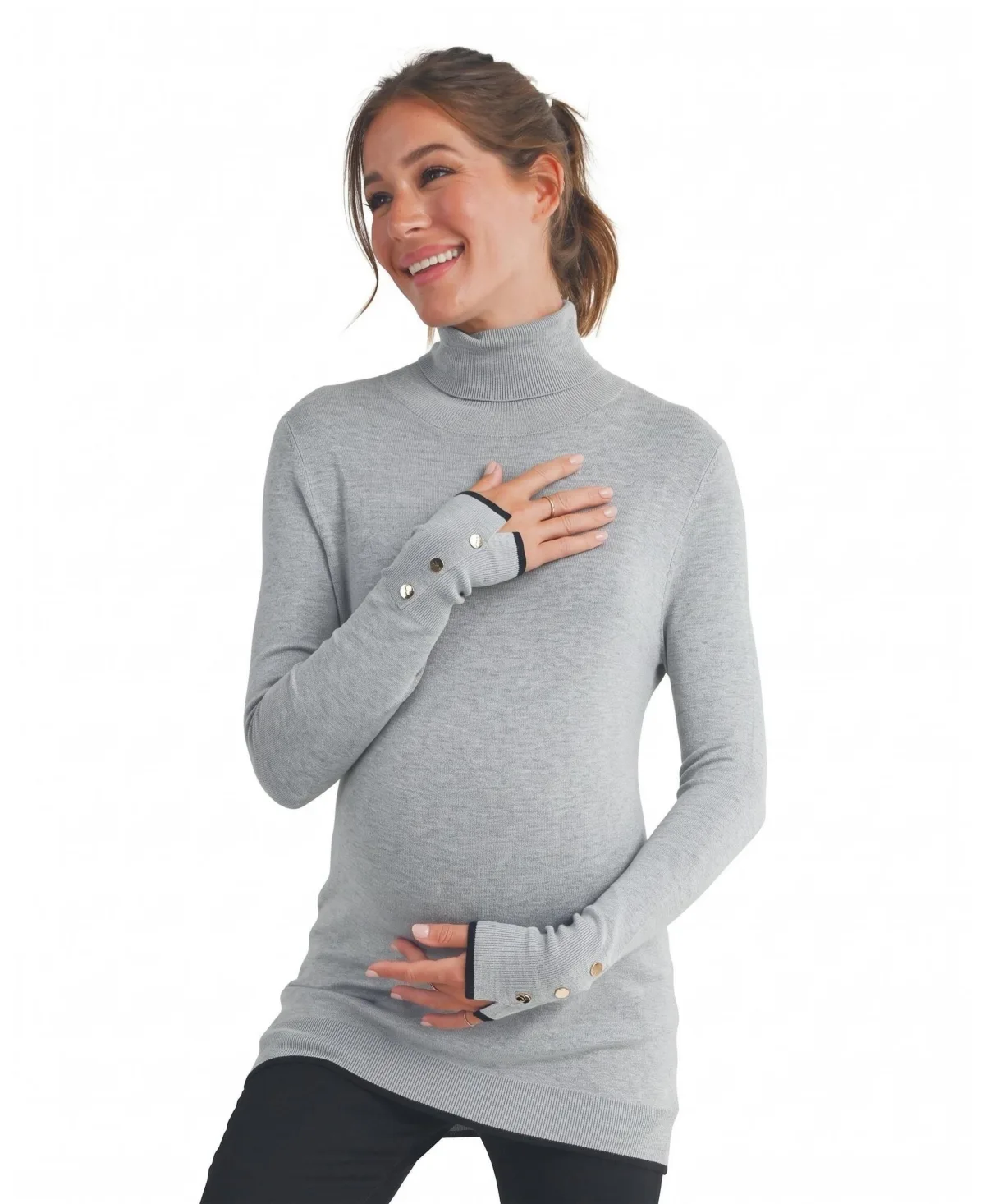 Turtleneck Button-Sleeve Viscose-Blend Sweater by Hello Miz