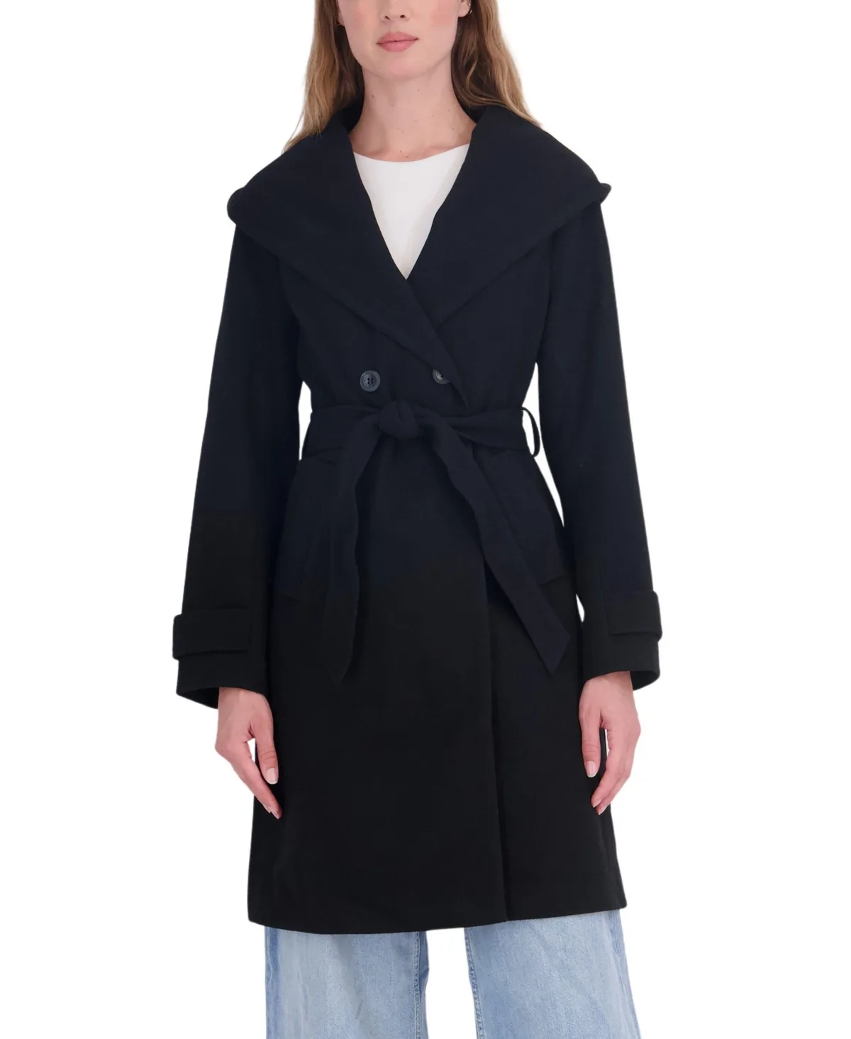 Long Faux Wool Hooded Belted Double Breasted Coat by Sebby Collection