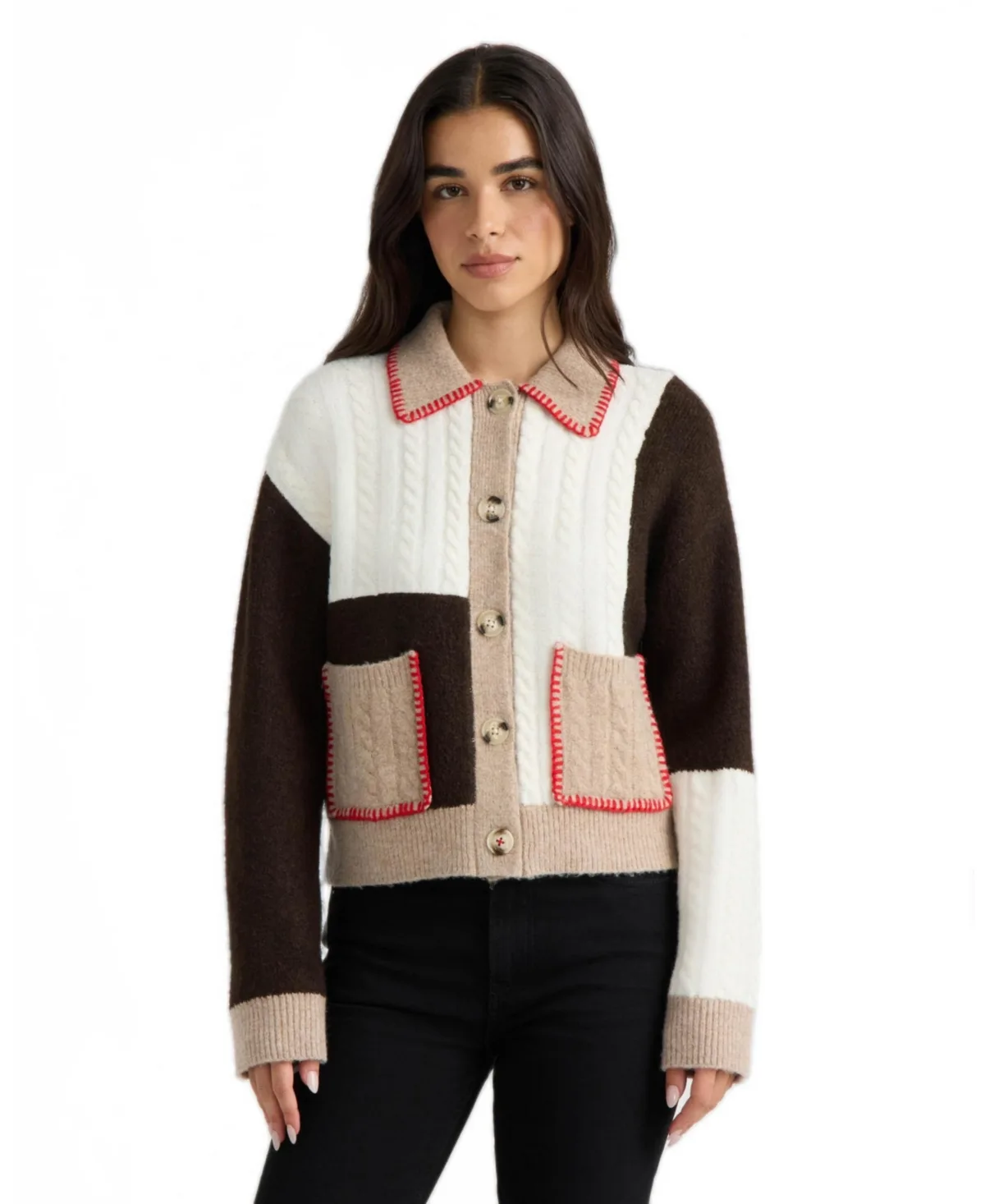 Patchwork Cable-Knit Collared Cardigan by Hunter