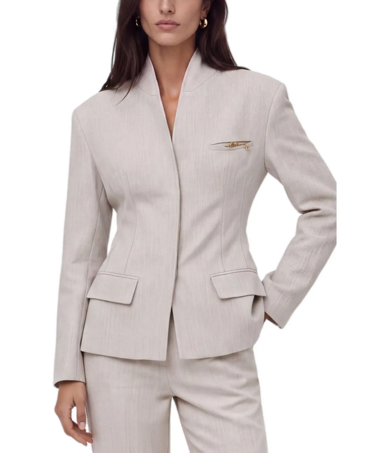 Brooch-Detail Collarless Open-Front Jacket - Stone by Nocturne