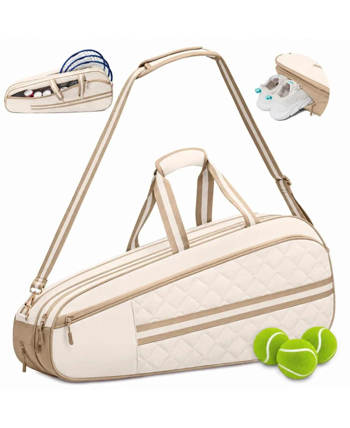 Quilted Tennis Bag Holds 3 to 6 Rackets Insulated Wet Pocket Adjustable Strap by Peneyon