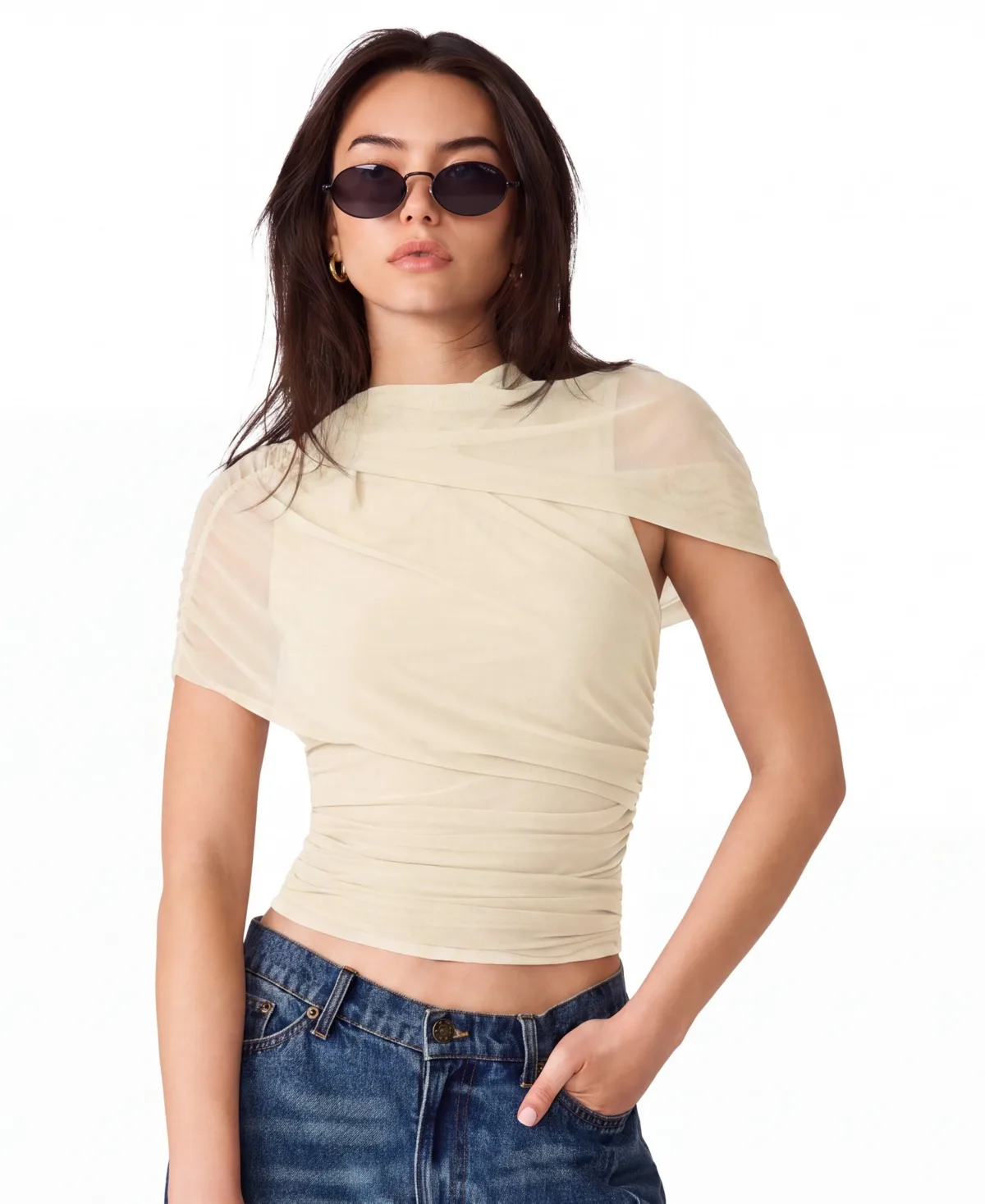 Kerry Mock-Neck Ruched Cape-Sleeve Top by Steve Madden