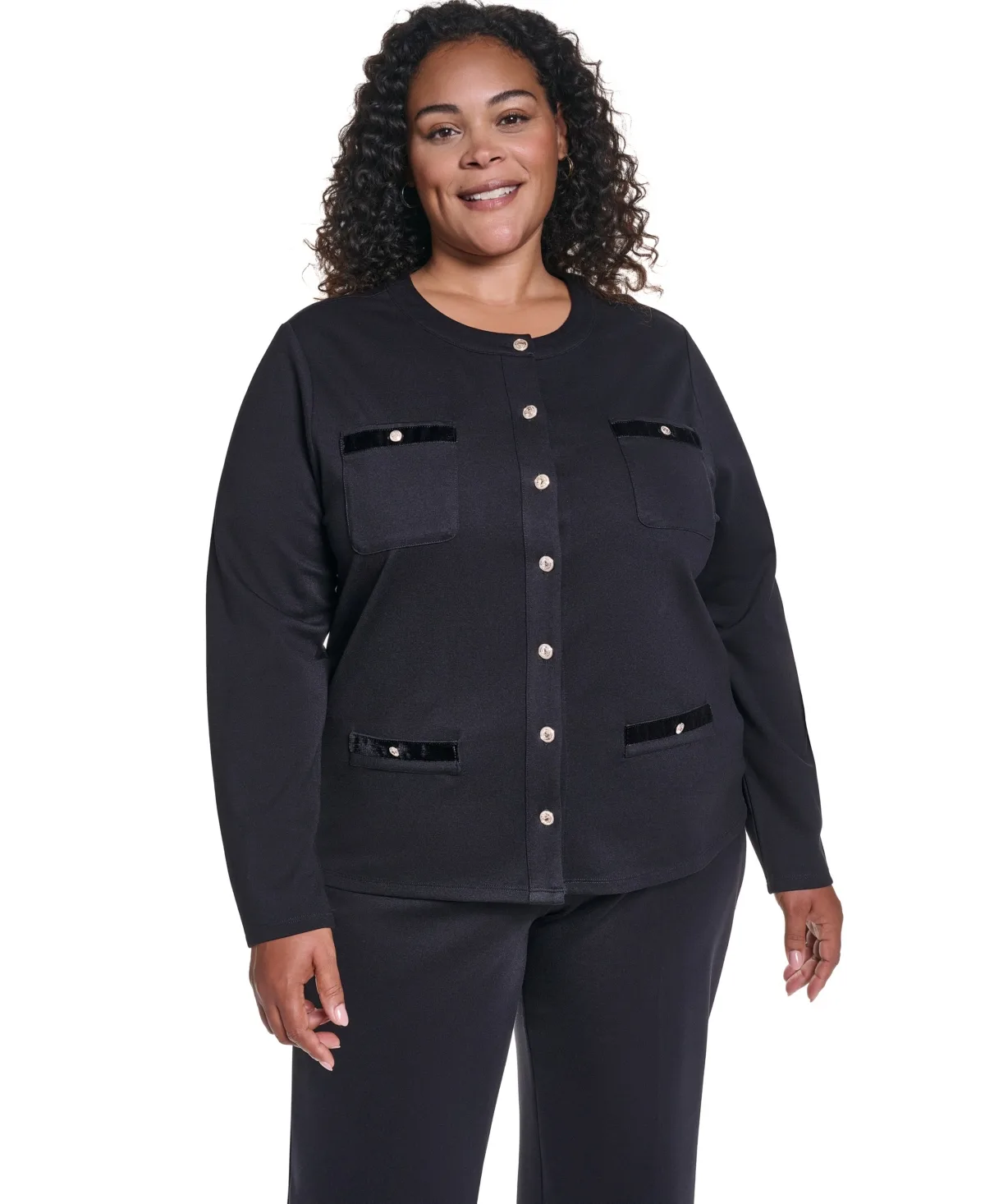 Long-Sleeve Crewneck Button-Front Top by Karl Lagerfeld