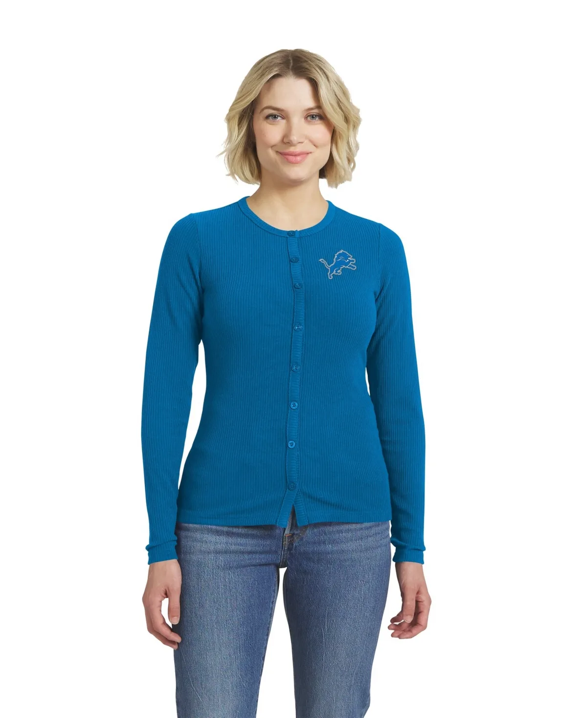 Detroit Lions Ribbed Crewneck Cardigan Sweater by Wear by Erin Andrews