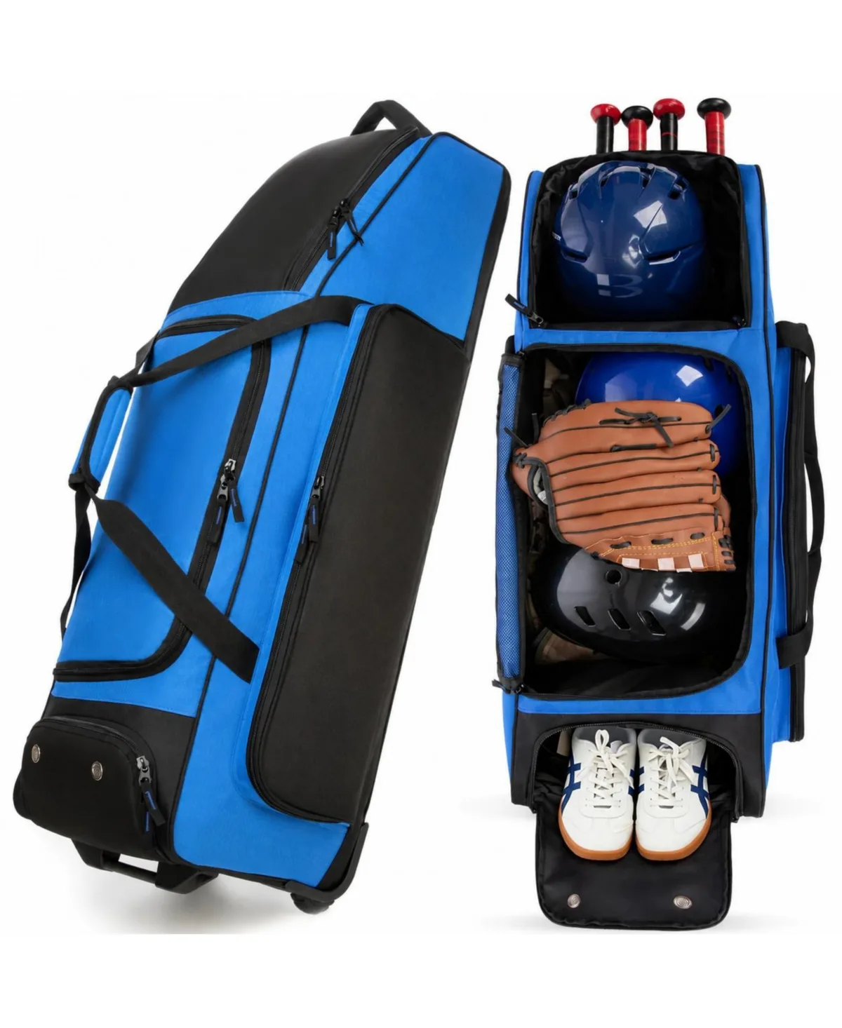 Rolling Baseball Catchers Gear Bag with Wheels for 4 Bats Organized Storage by Peneyon