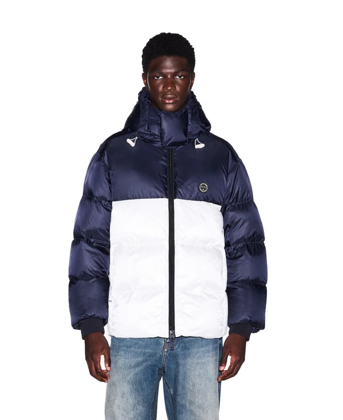 A - x Armani Exchange Hooded All-Over Logo Puffer Jacket by Armani