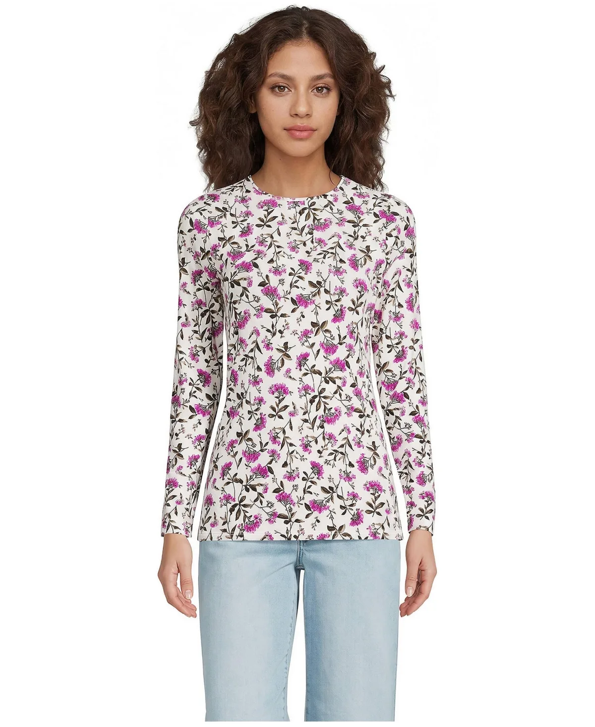 Lightweight Jersey Skimming Long Sleeve Crew Neck T-Shirt