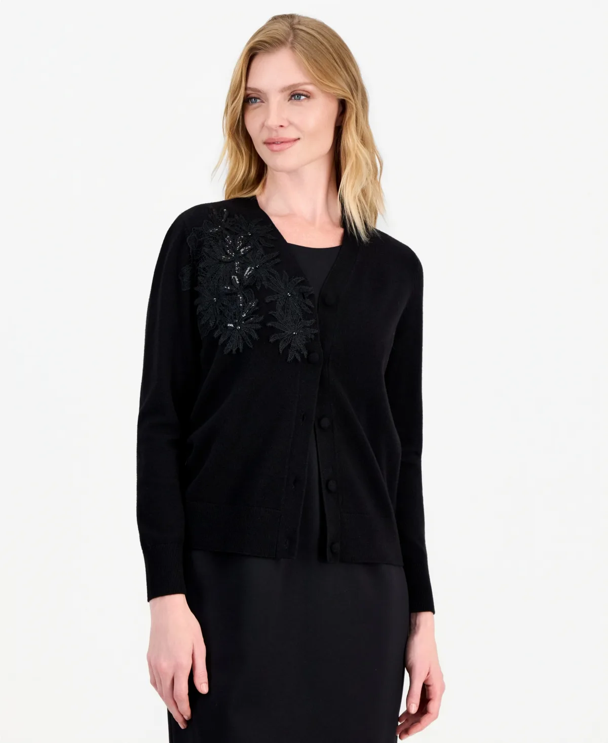 Long-Sleeve Floral Lace-Applique Button-Up Cardigan