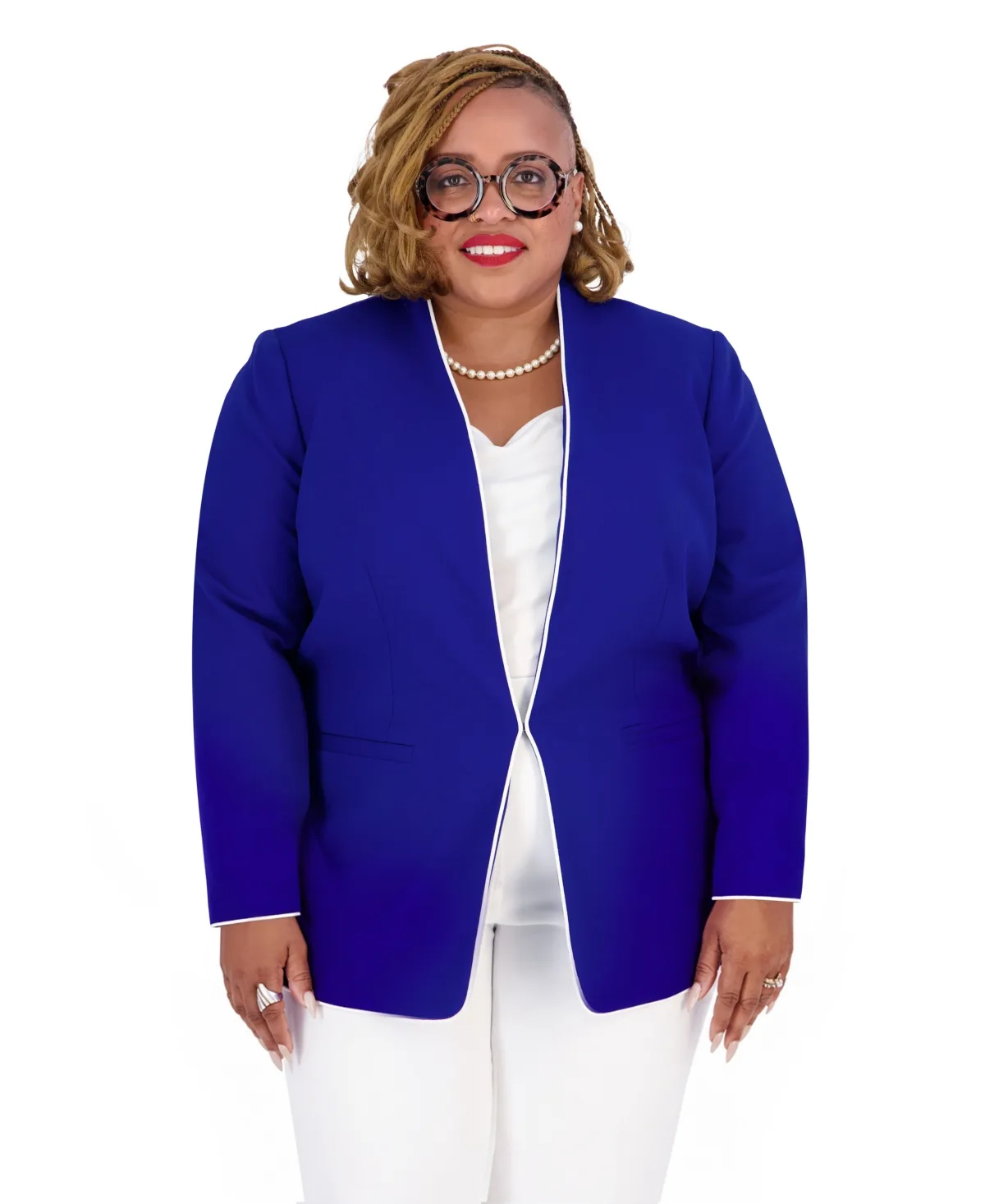 Kissing Front Collarless V-Neck Piping Blazer by Kasper