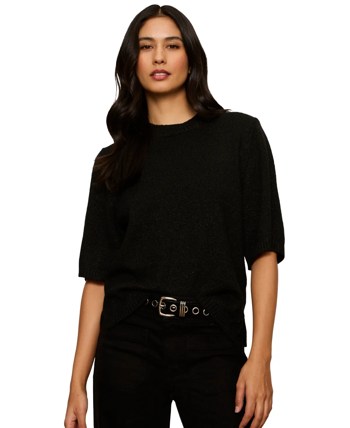 Sequin Short-Sleeve Side-Slit Sweater by Sanctuary