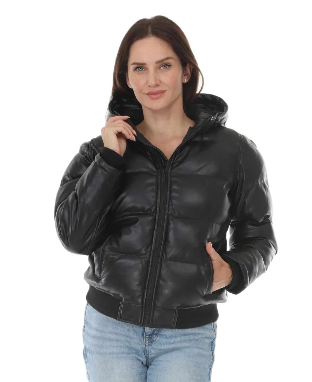 Puffer Hooded Faux Leather Jacket by White Mark