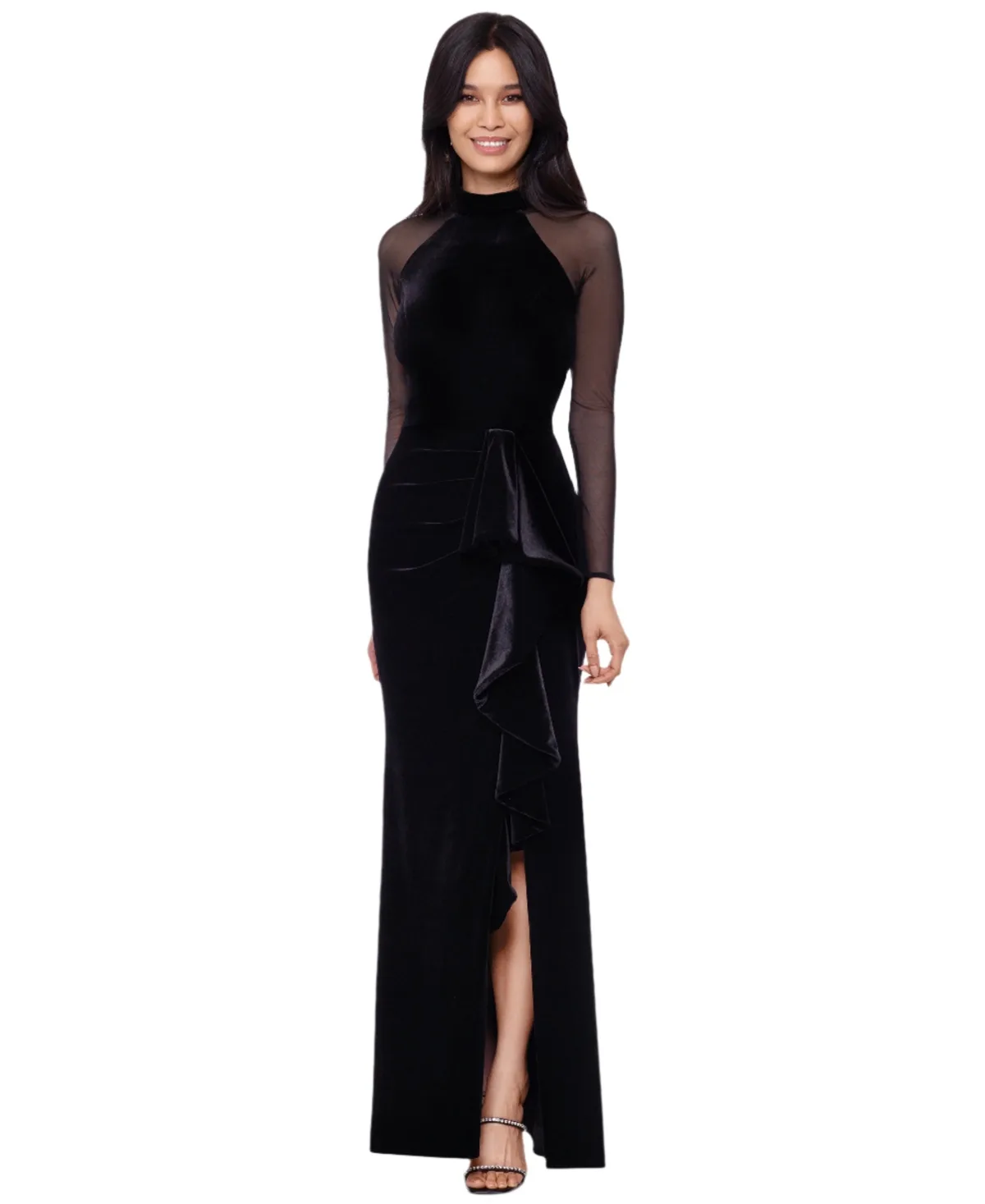Mock-Neck Long-Sleeve Velvet Gown by B&a by Betsy and Adam