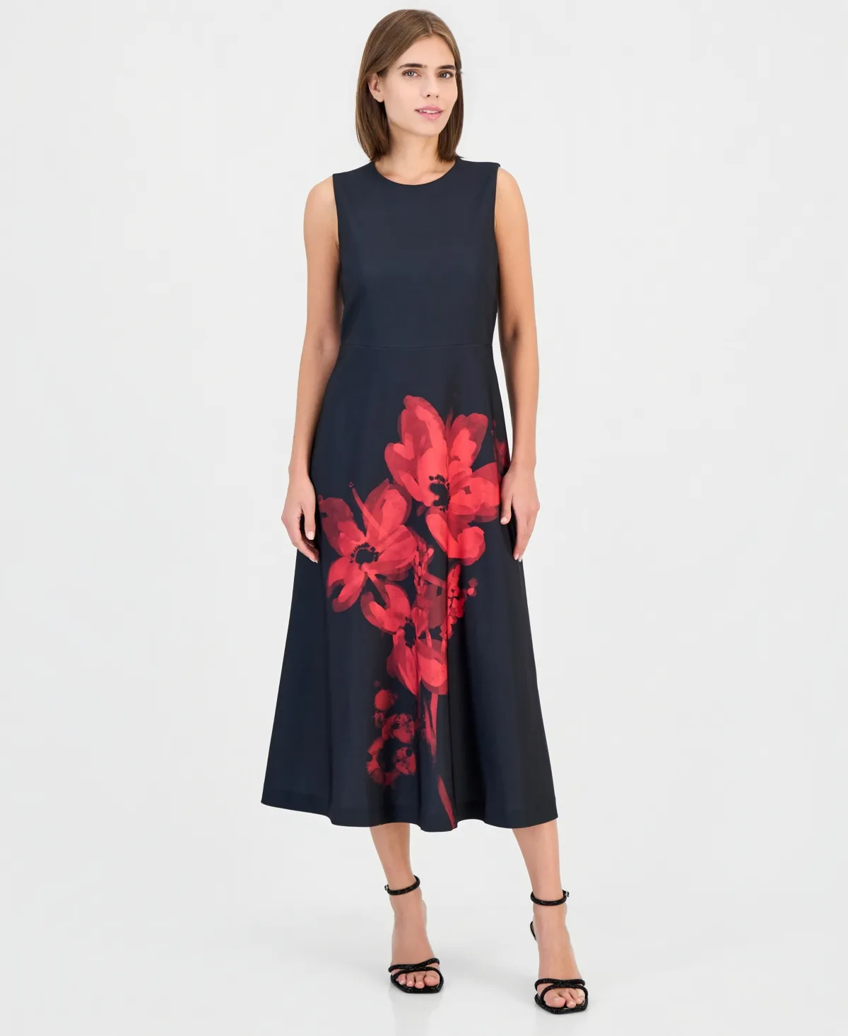 Floral-Print A-Line Midi Dress by Anne Klein
