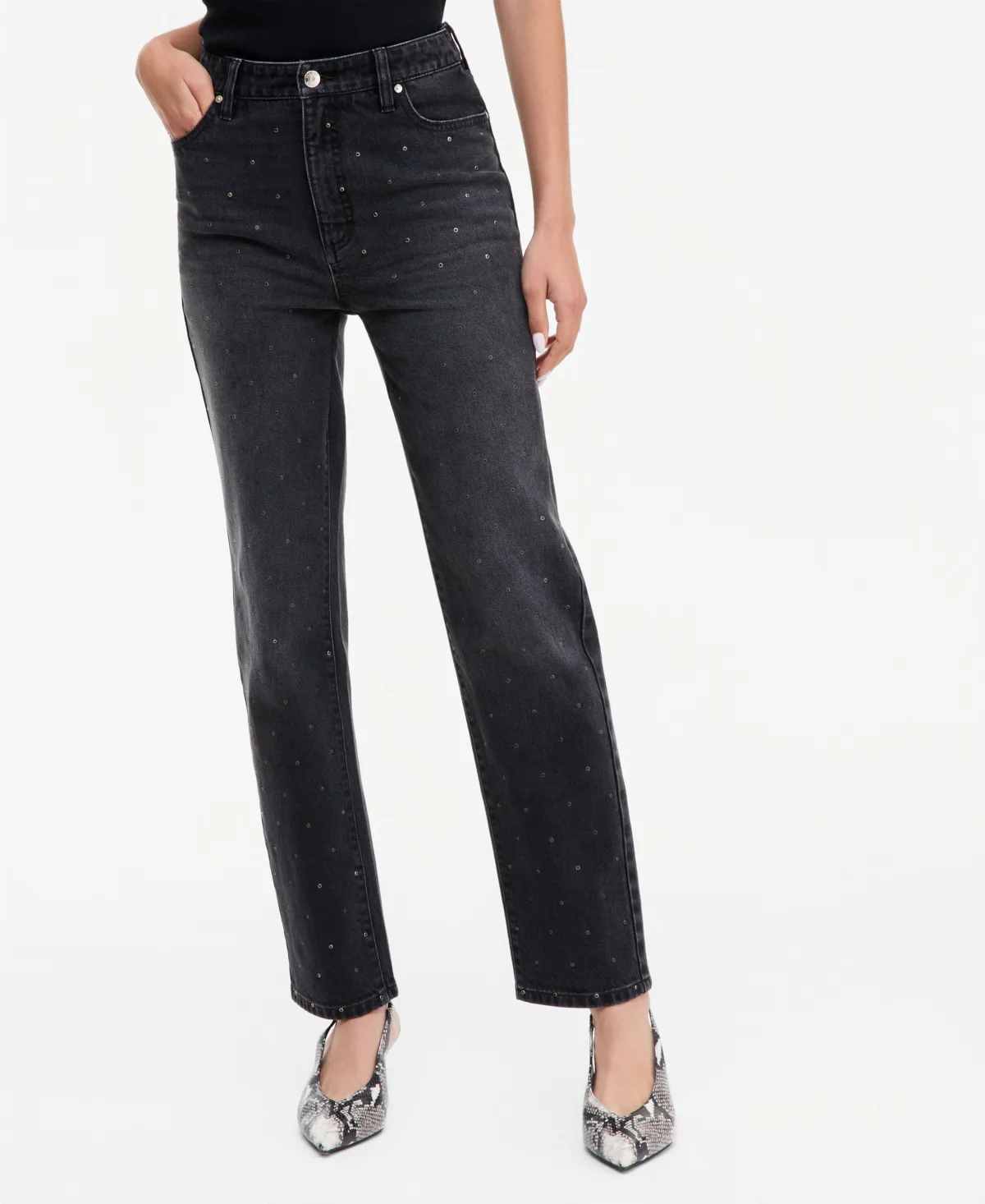 High-Rise Straight-Leg Stud-Embellished Jeans by INC International Concepts