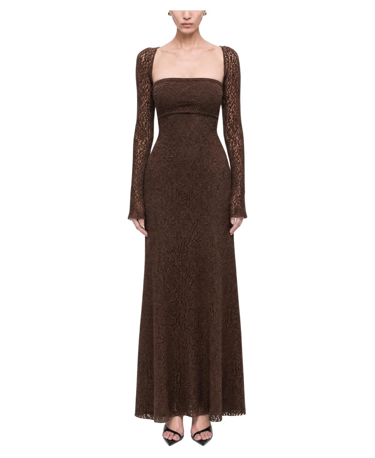 Long-Sleeve Square-Neck Eyelet Lace Maxi Dress by Nocturne